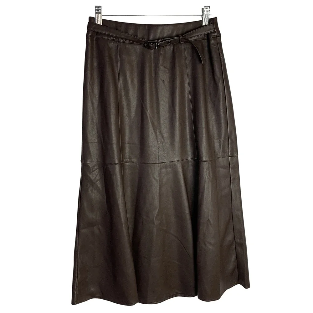 Marc New York Womens Faux Leather Skirt Size XS Espresso Belted Flare Midi